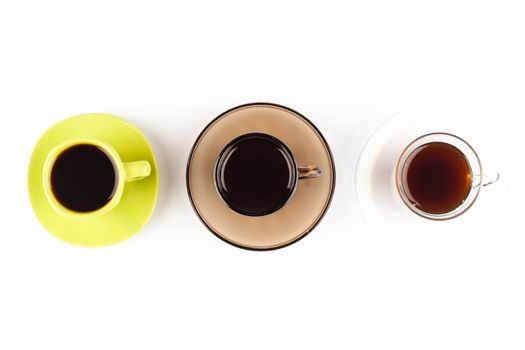 three coffee cups of different style on white background