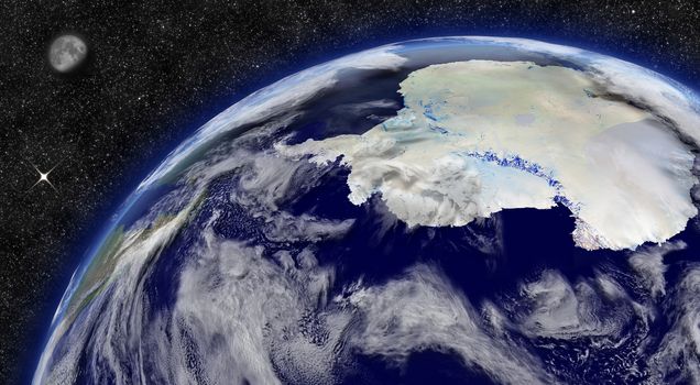 Antarctica on planet Earth from space with Moon and stars in the background. Elements of this image furnished by NASA.