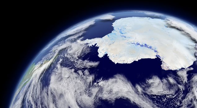Antarctica viewed from space with atmosphere and clouds. Elements of this image furnished by NASA.