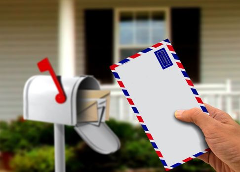 Hand Holding Envelope in Front of a House