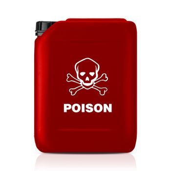 Red plastic gallon, jerry can with poison sign isolated on a white background. (with clipping work path)