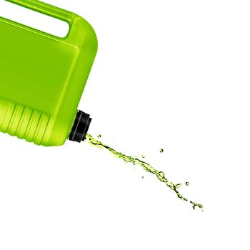 opened plastic gallon, jerry can with splash isolated on a white background. (with clipping work path)