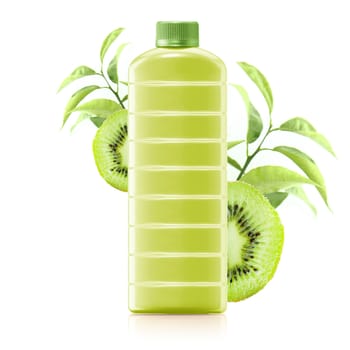 kiwi juice in a plastic container jug with fresh kiwi and leaves on a white background.