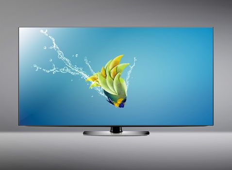Black LCD tv screen and fish with water splash . (with clipping work path)