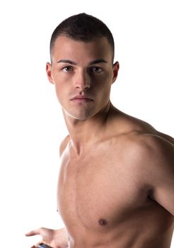 Shirtless attractive young man looking at camera, isolated on white background