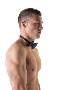 Profile of attractive shirtless young man with black bow-tie, isolated on white