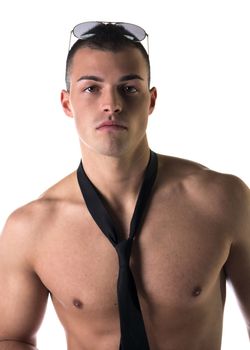 Attractive shirtless young man with black bow-tie, isolated on white, looking at camera