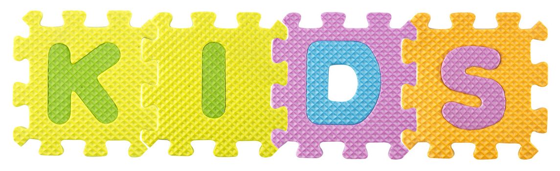 Kids word created from Alphabet puzzle isloated on white background , with clipping path.