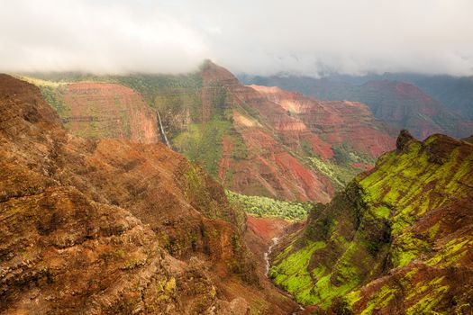 View of waterfall and river in the Grand Canyon of the Pacific or Waimea Canyon island of Kauai in the Hawaiian islands