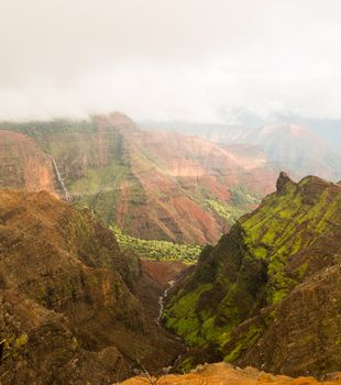 View into the Grand Canyon of the Pacific or Waimea Canyon island of Kauai in the Hawaiian islands