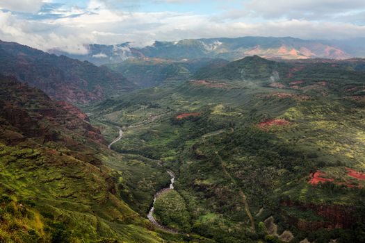 View into the Grand Canyon of the Pacific or Waimea Canyon island of Kauai in the Hawaiian islands
