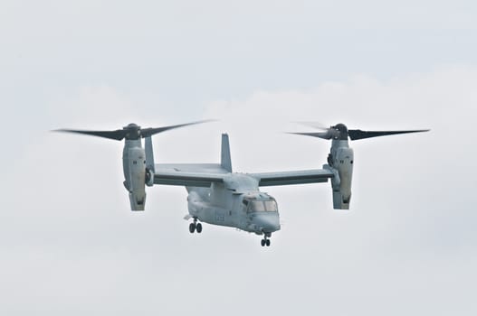 SINGAPORE - FEBRUARY 12: Bell Boeing V-22 Osprey hovering at Singapore Airshow, Changi Exhibition Centre in Singapore on February 12, 2014.