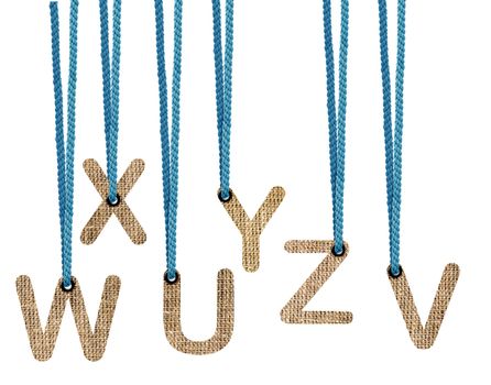 Letters hanging strings isolated on white background . (with clipping work path)