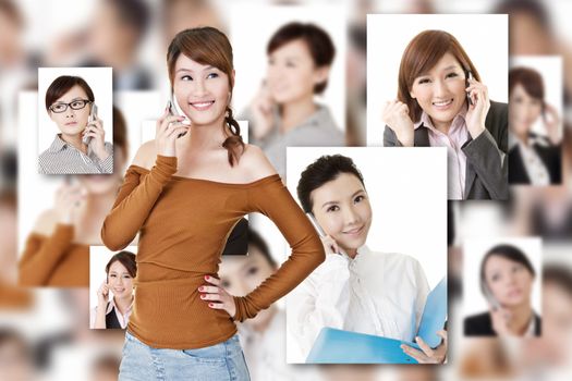 Smiling Asian young woman use cellphone, closeup portrait.