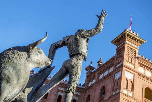 Madrid Landmark. Bullfighter sculpture in front of Bullfighting arena Plaza de Toros de Las Ventas in Madrid, a touristic sightseeing of Spain. 