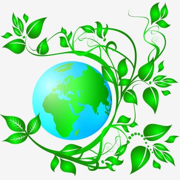 clean ecology earth  planet entwined with  green branches and leaves