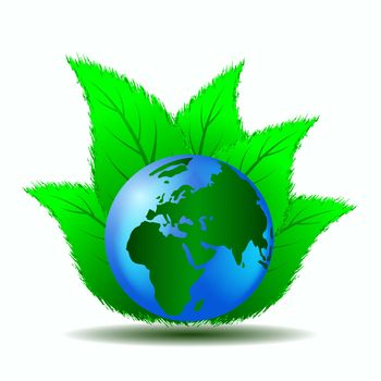 clean blue planet on a leaf background of green symbol ecology