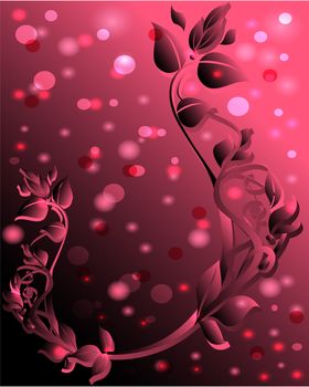 Beautiful abstract pink background with floral ornament and bright circles