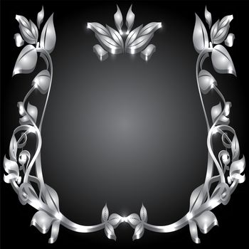 rich silver monogram floral pattern on a black background