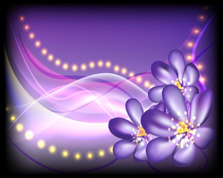 violet flowers, black, white, flowing lines, glowing sparks, abstract, background, vector