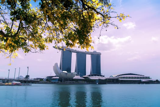 View of Marina Bay Sands, Singapore River. Evening in City.