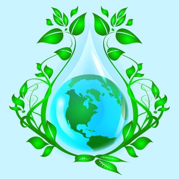 world in a drop of water on a blue background with green branches
