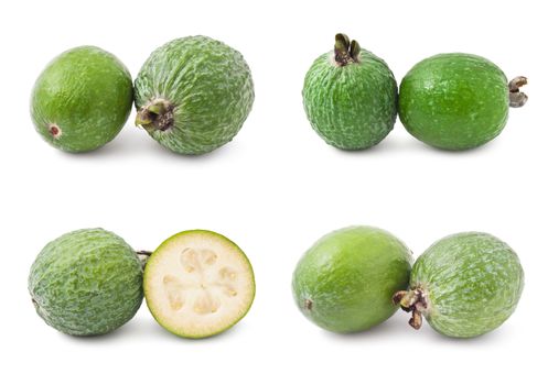 Collection of feijoa acca sellowiana fruits isolated on white background