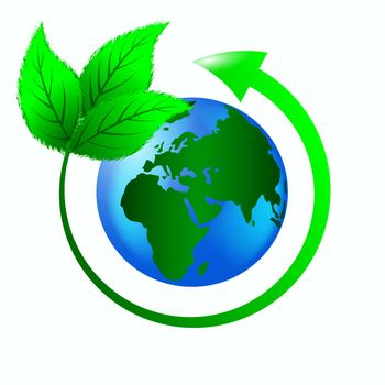 green leaves with an arrow around the planet earth to protect the ecology