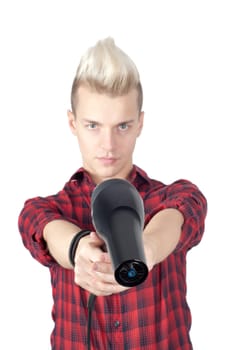 Portrait of handsome man with hairdryer in studio isolated on white