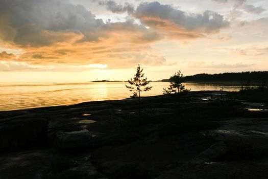 Beautiful bright colorful sunset over White sea