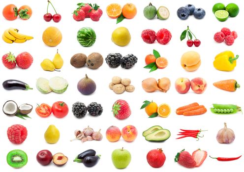 Collection of various fruits and vegetables isolated on white background