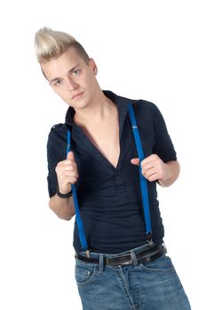 Portrait of handsome man dressed in shirt and jeans with braces