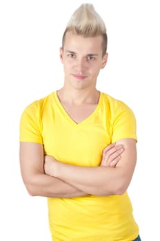 Young man with arms across on white