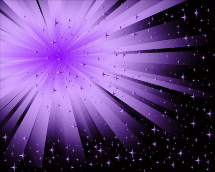 beautiful abstract black background with lilac radiating rays and stars