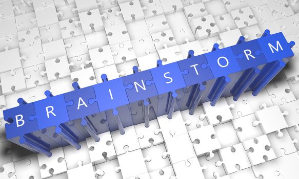 Brainstorm - puzzle 3d render illustration with text on blue jigsaw pieces stick out of white pieces