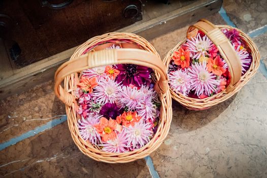 Basket full of Flower Blossoms ready for a wedding ceremony