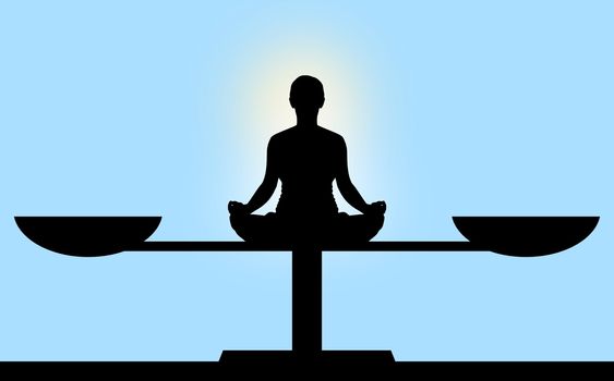 Illustration of a person sitting in the center of scales meditating