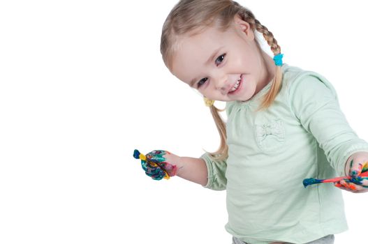 Portrait of cute girl painting with paintbrush, isolated