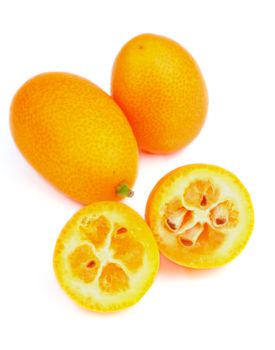 Exotic Fruit Kumquat Full Body and Halves isolated on white background