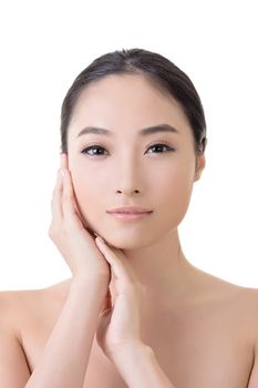 Asian beauty face closeup portrait with clean and fresh elegant lady. Studio shot.