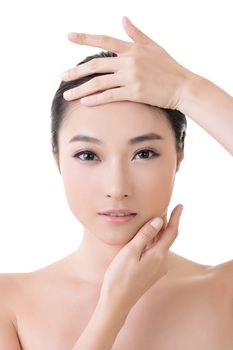 Asian beauty face closeup portrait with clean and fresh elegant lady. Studio shot.