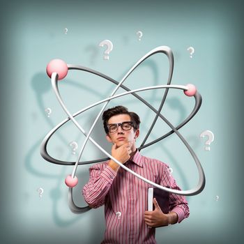 young man scientist in glasses thinking. next to it various painted symbols