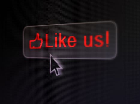 Social media concept: pixelated words Like us! and Thumb Up icon on button withArrow cursor on digital computer screen background, selected focus 3d render