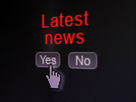 News concept: buttons yes and no with pixelated word Latest News and Hand cursor on digital computer screen, selected focus 3d render