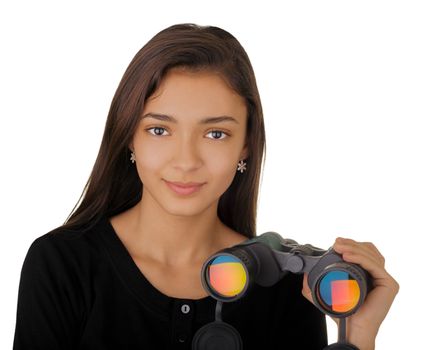 Beautiful girl holding a pair of binoculars.