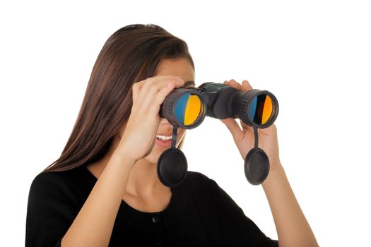 Beautiful girl looking through a pair of binoculars.