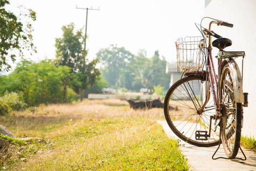 Old bicycle on the side of the house for background.