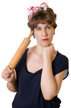 Headshot of mad housewife on the white background.