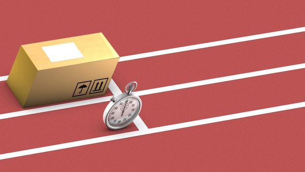 This illustration shows a box and a stopwatch ready to start a race. The concept is that the package can be as fast and accurate as the stopwatch in order to be transported and delivered on time.