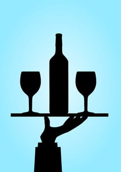 Illustration of a hand holding a tray containing a wine bottle  and glasses